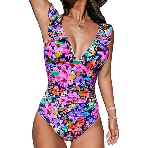 Cupshe Other - Cupshe Floral Ruffle V-Neck Tummy Control One Piece Swimsuit Purple Size L